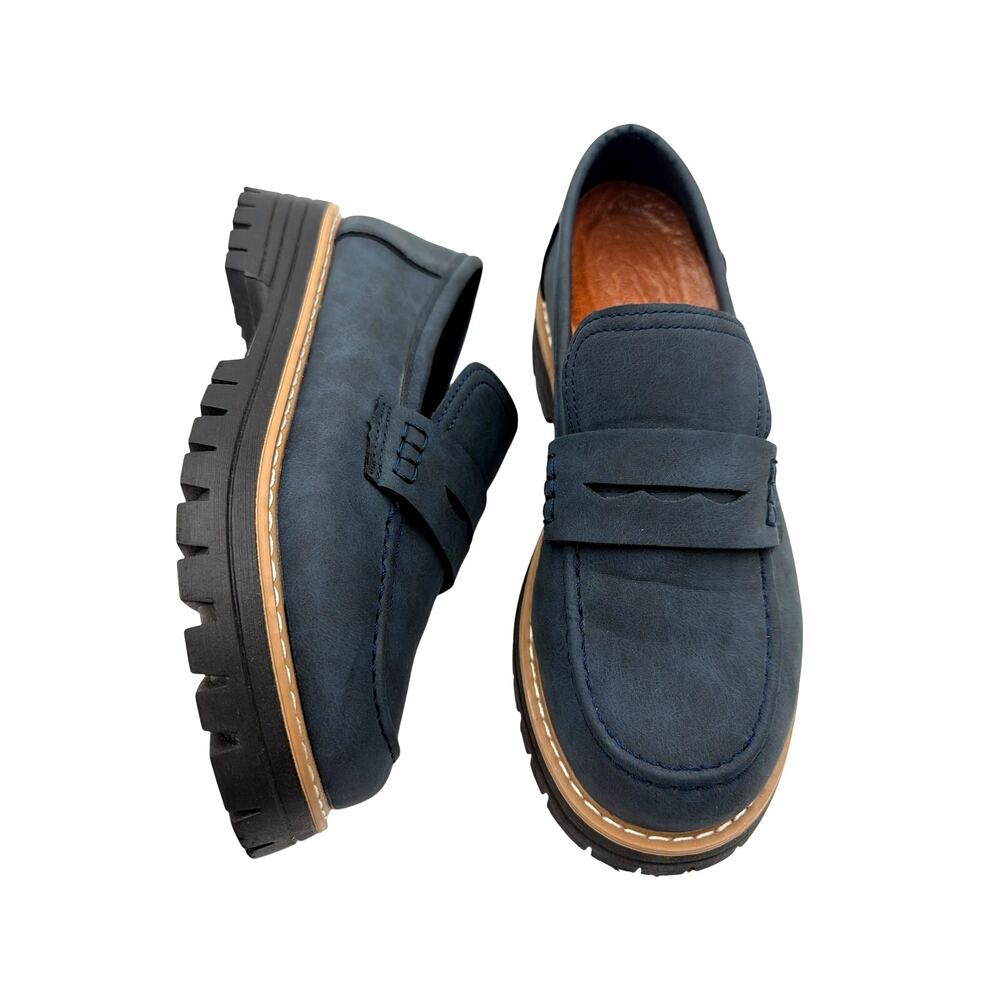 Blue Leather Lug Sole Loafers EU 38 US 7.5 - 8 NWOT Preppy Platform Spring Step
